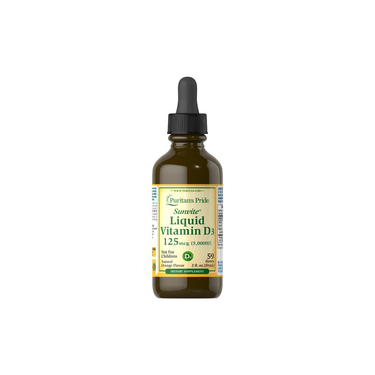 A 59 ml brown bottle of Puritan's Pride Liquid Vitamin D3, 125 mcg (5,000 IU), in sunny lemon flavor with a dropper cap supports bone health and immune function. Contains 59 doses, equivalent to 2 fl oz.